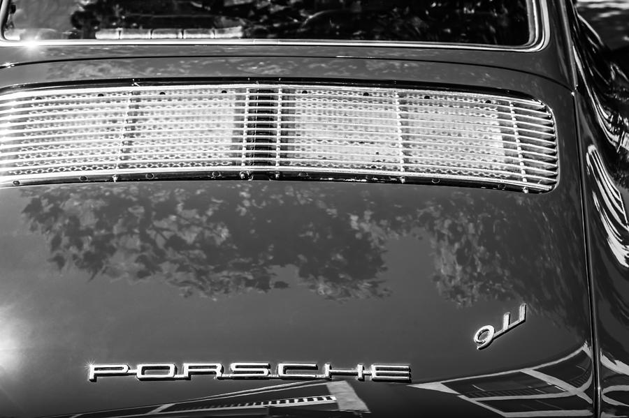 Black And White Photograph - 1965 Porsche 911 2.0 Coupe Rear Emblem -0316bw by Jill Reger