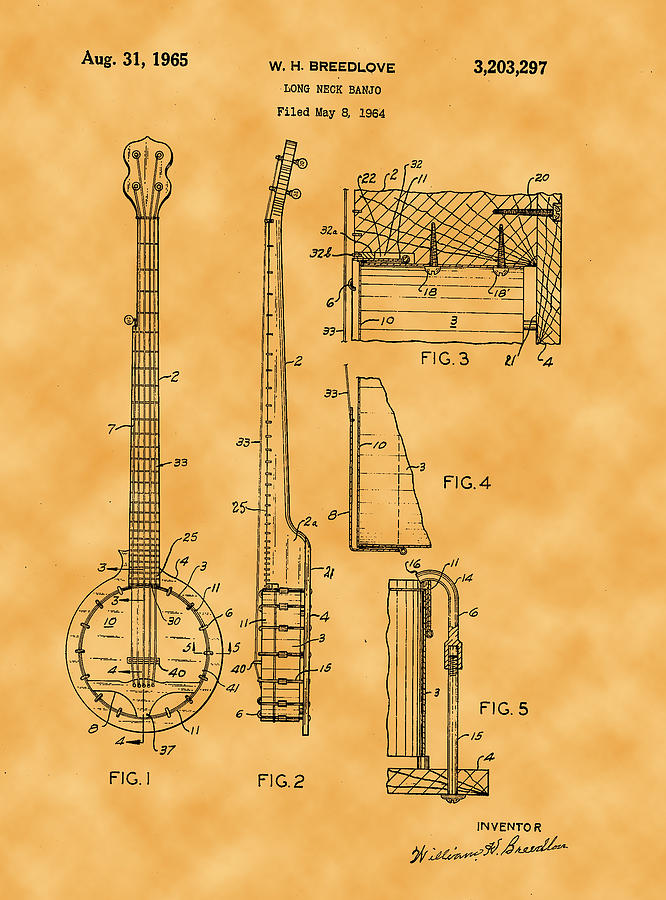 1965 William H Breedlove Longneck Banjo Patent Photograph by Michael Porchik