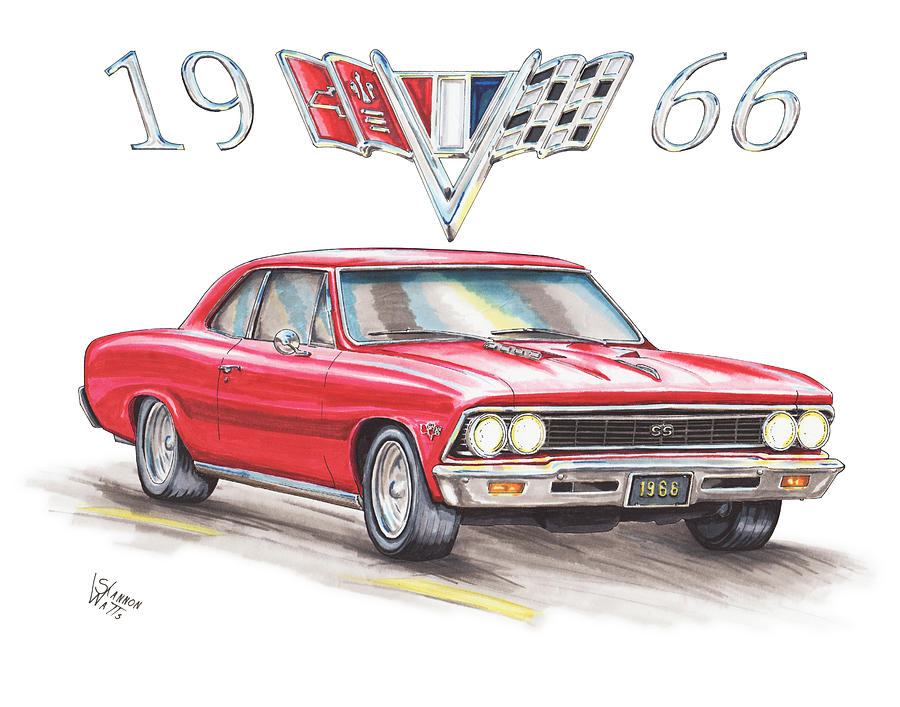 1966 Drawing - 1966 Chevrolet Chevelle SS at Night by Shannon Watts