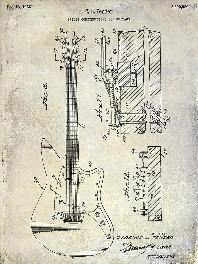 Guitar Still Life Photograph - 1966 Fender Guitar Patent Drawing  by Jon Neidert