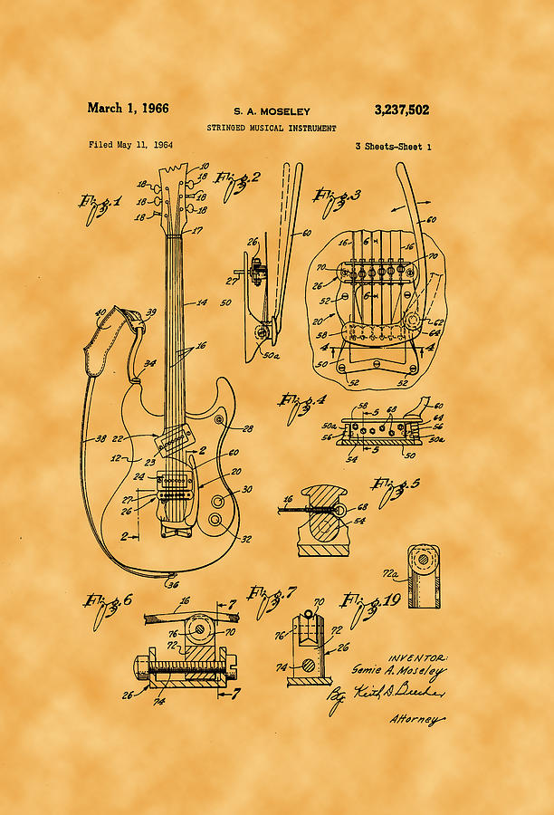 1966 S. A. Mosely Guitar Patent Photograph by Michael Porchik