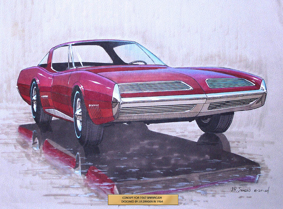 Car Concepts Drawing - 1967 BARRACUDA  Plymouth vintage styling design concept rendering sketch by John Samsen