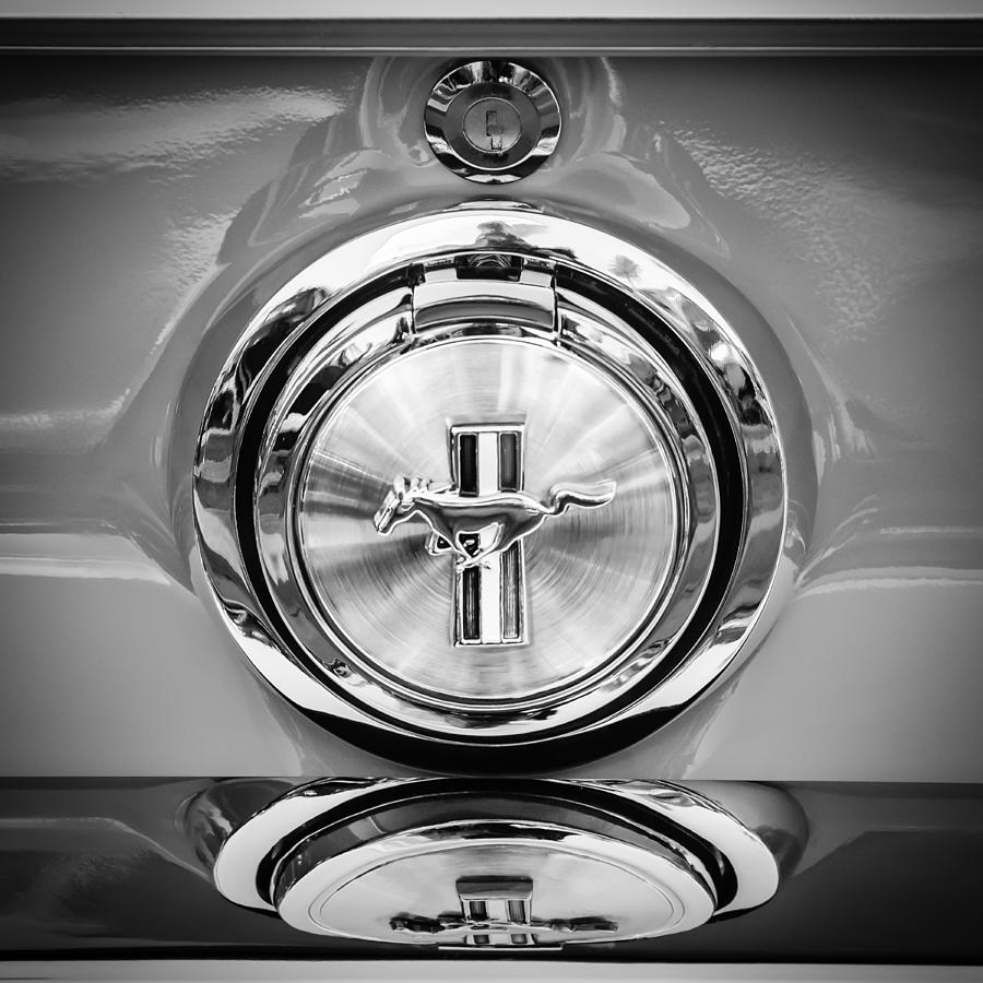 Black And White Photograph - 1967 Ford Mustang Gas Cap Emblem -0053bw by Jill Reger