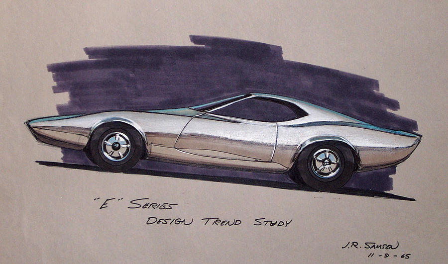 Car Concepts Drawing - 1968 E-BODY BARRACUDA   Plymouth vintage styling design concept rendering sketch by John Samsen