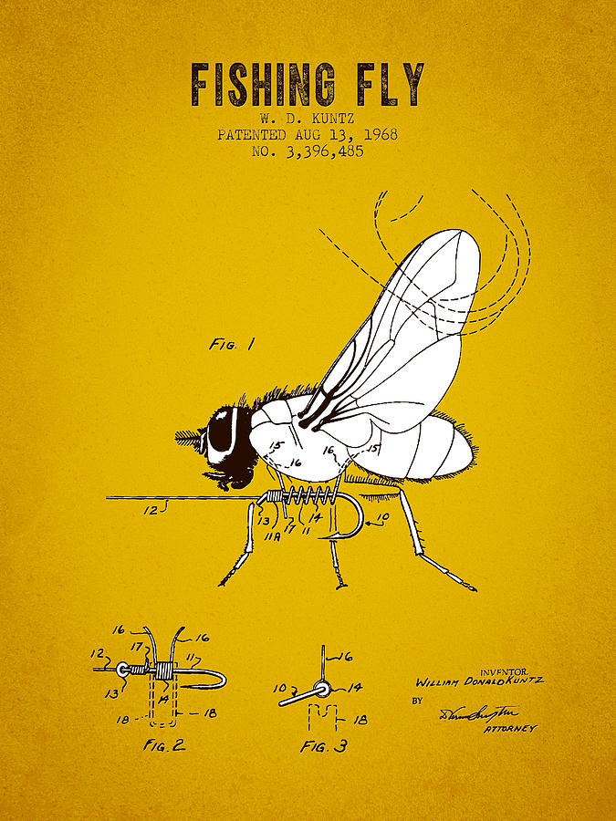 Fish Digital Art - 1968 Fishing Fly Patent - Yellow Brown by Aged Pixel