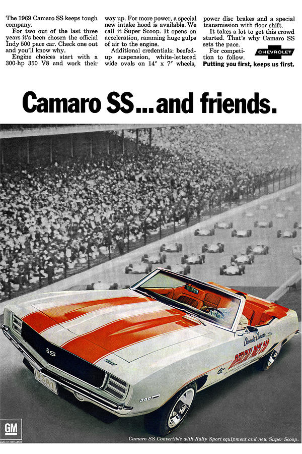 Indianapolis Digital Art - 1969 Chevrolet Camaro SS Indy 500 Pace Car Ad by Digital Repro Depot