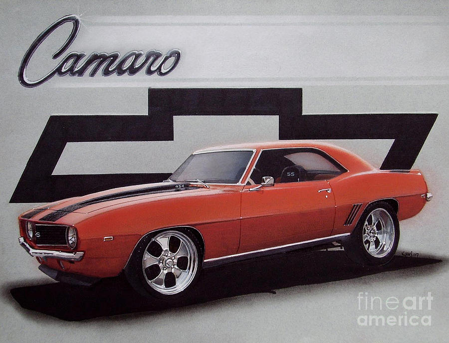 Car Drawing - 1969 Custom Camaro SS and bow tie by Paul Kuras