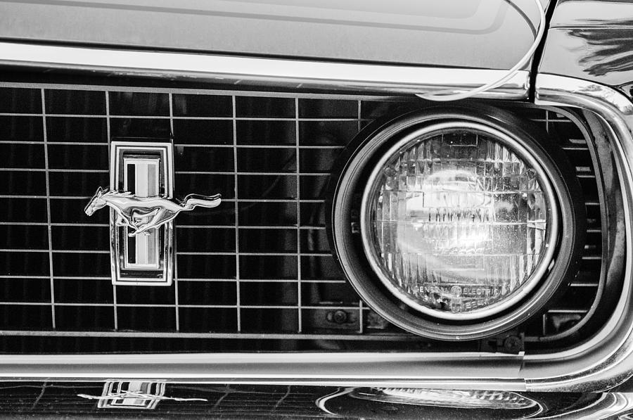 Black And White Photograph - 1969 Ford Mustang Mach 1 Grille Emblem by Jill Reger
