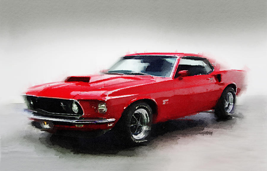 Car Painting - 1969 Ford Mustang Watercolor by Naxart Studio