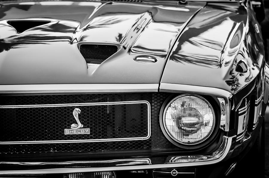 Black And White Photograph - 1969 Shelby Cobra GT500 Front End - Grille Emblem -0202bw by Jill Reger