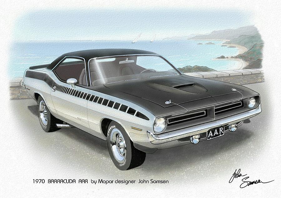 Roadrunner Painting - 1970 BARRACUDA AAR Cuda Plymouth muscle car sketch rendering by John Samsen