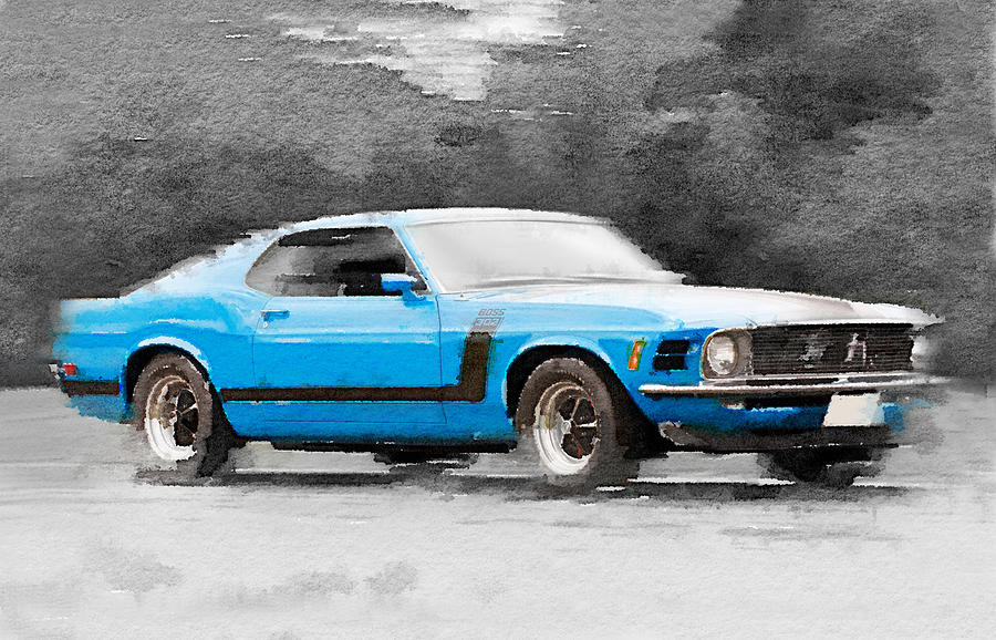 Car Painting - 1970 Ford Mustang Boss Blue Watercolor by Naxart Studio