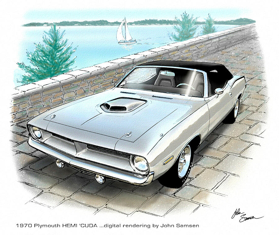 Roadrunner Painting - 1970 HEMI CUDA Plymouth muscle car sketch rendering by John Samsen
