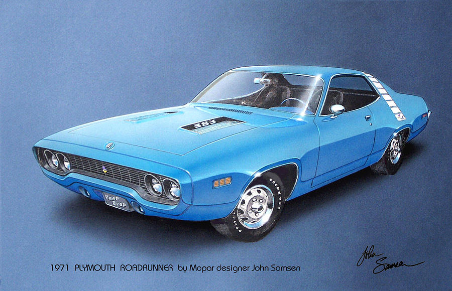 Roadrunner Painting - 1971 ROADRUNNER Plymouth muscle car sketch rendering by John Samsen