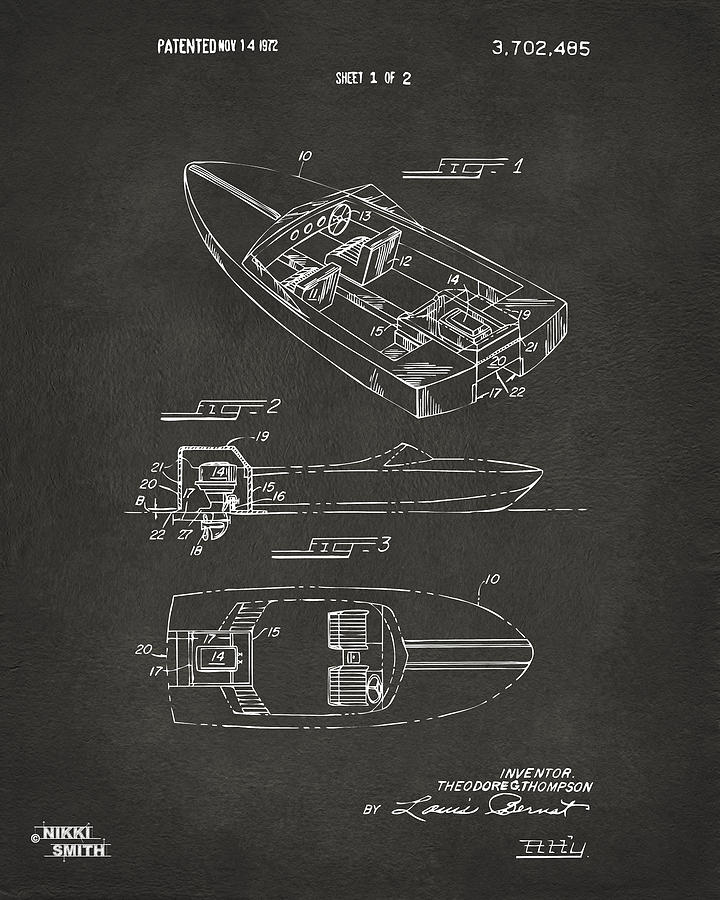 1972 Chris Craft Boat Patent Artwork - Gray Digital Art by Nikki Marie Smith
