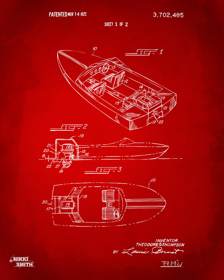 1972 Chris Craft Boat Patent Artwork - Red Digital Art by Nikki Marie Smith