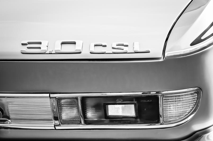 Black And White Photograph - 1973 BMW 3.0 CSL Side Taillight Emblem -1298bwq by Jill Reger