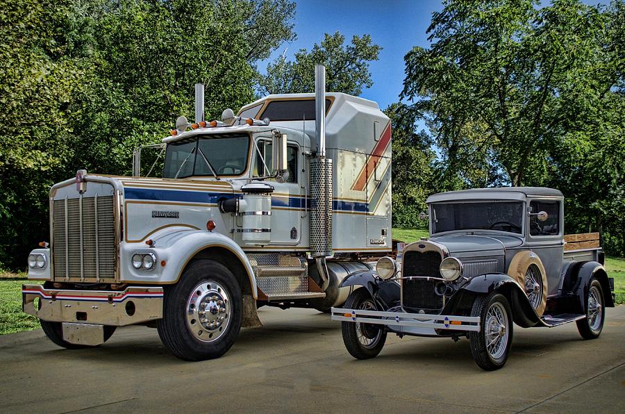 1976 Kenworth Semi Truck and 1930 Ford Model A Pickup Truck Photograph by Tim McCullough