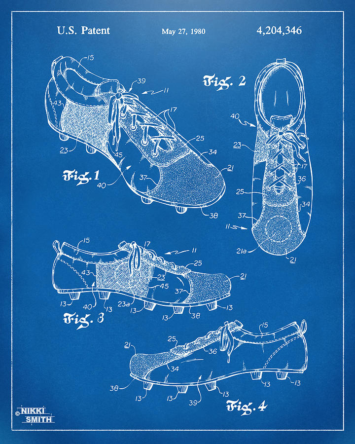 Soccer Digital Art - 1980 Soccer Shoes Patent Artwork - Blueprint by Nikki Marie Smith
