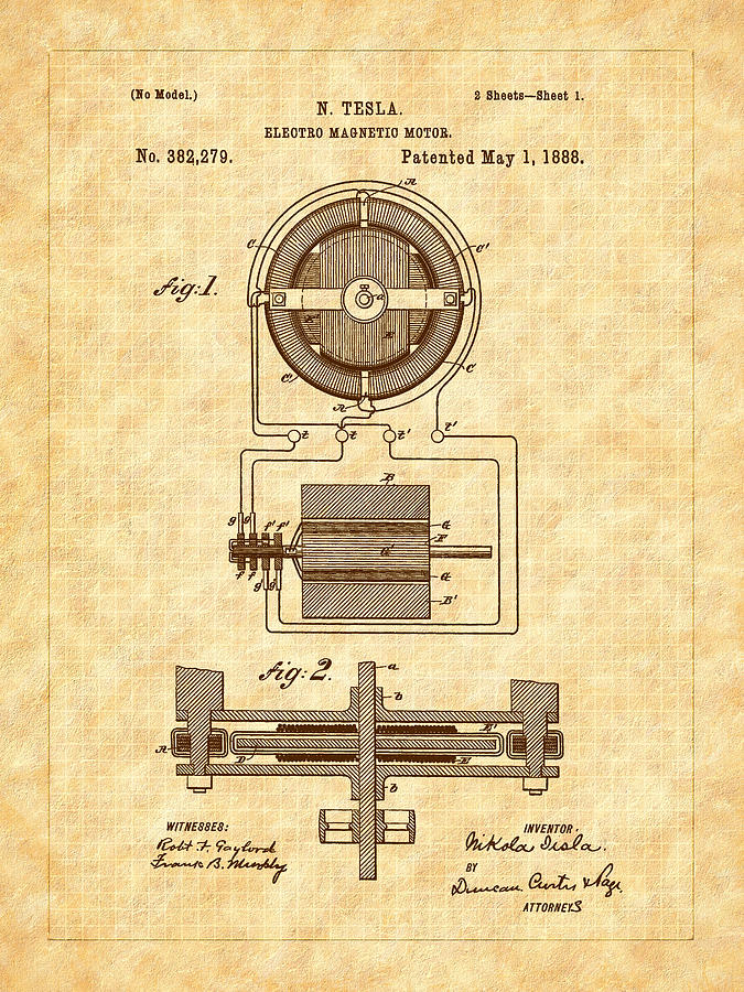 1988 Nickola Teslas Electromagnetic Motor Patent   Digital Art by Barry Jones