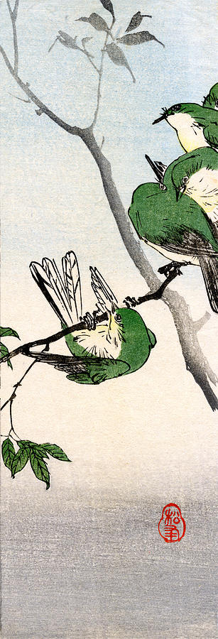 19th C. Green Japanese Sparrows Painting by Historic Image