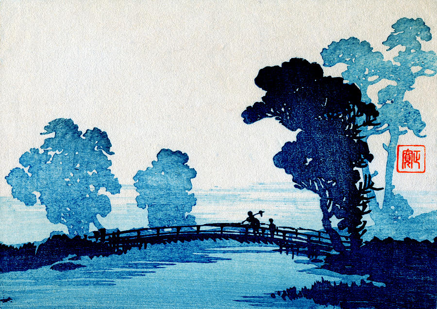 19th C. Japanese Father and Son Crossing Bridge Painting by Historic Image