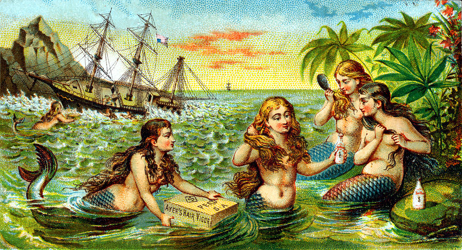 19th C. Mermaids at Ship Wreck Painting by Historic Image