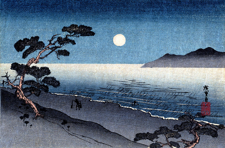 19th C. Moonlit Japanese Beach Painting by Historic Image