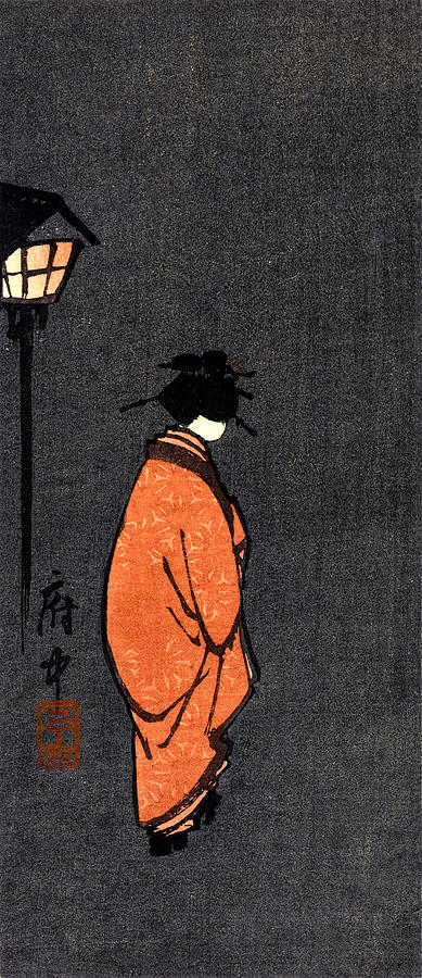 19th C. Orange Robed Geisha at Night Painting by Historic Image