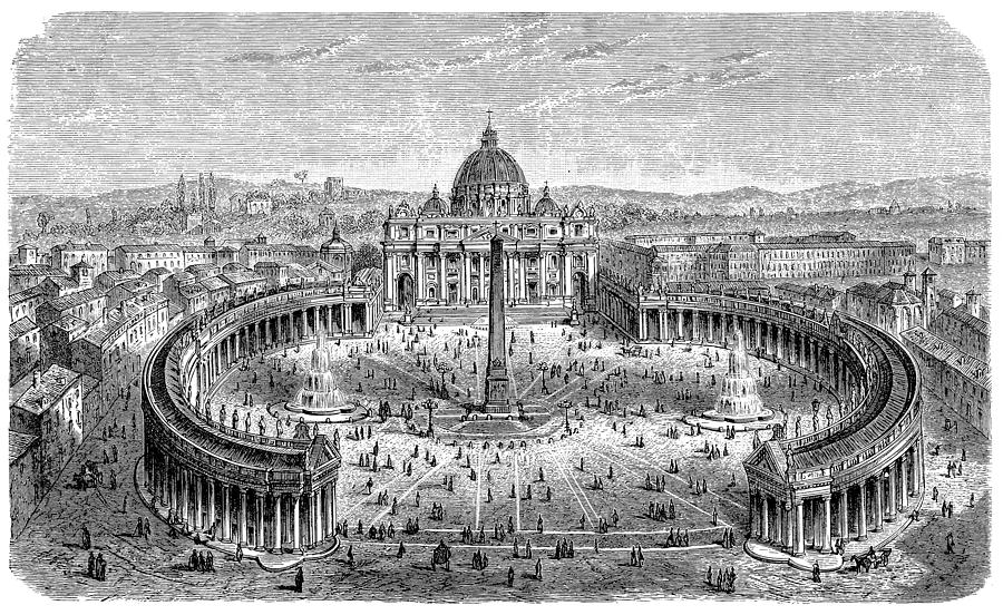 19th centruy engraving of St. Peters Square, Vatican Drawing by Nastasic