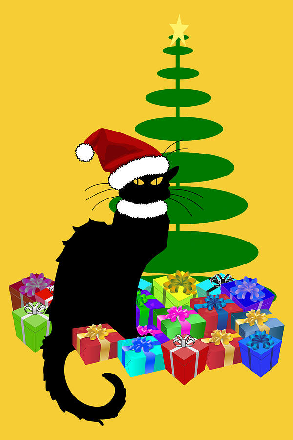 Christmas Mixed Media -  Christmas Le Chat Noir With Santa Hat #2 by Gravityx9   Designs