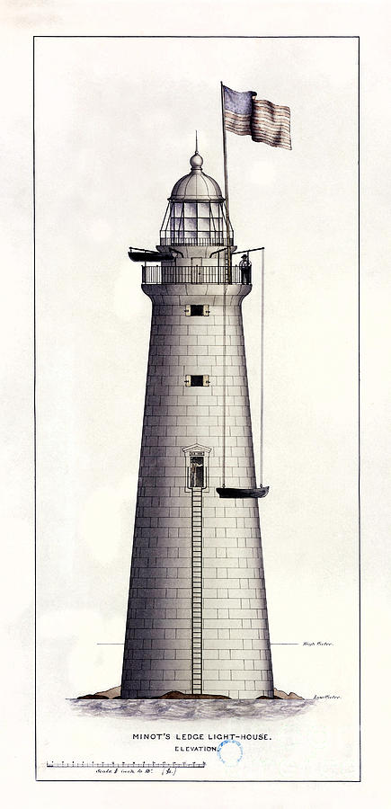 1852 Minots Ledge Lighthouse #2 Drawing by Jon Neidert