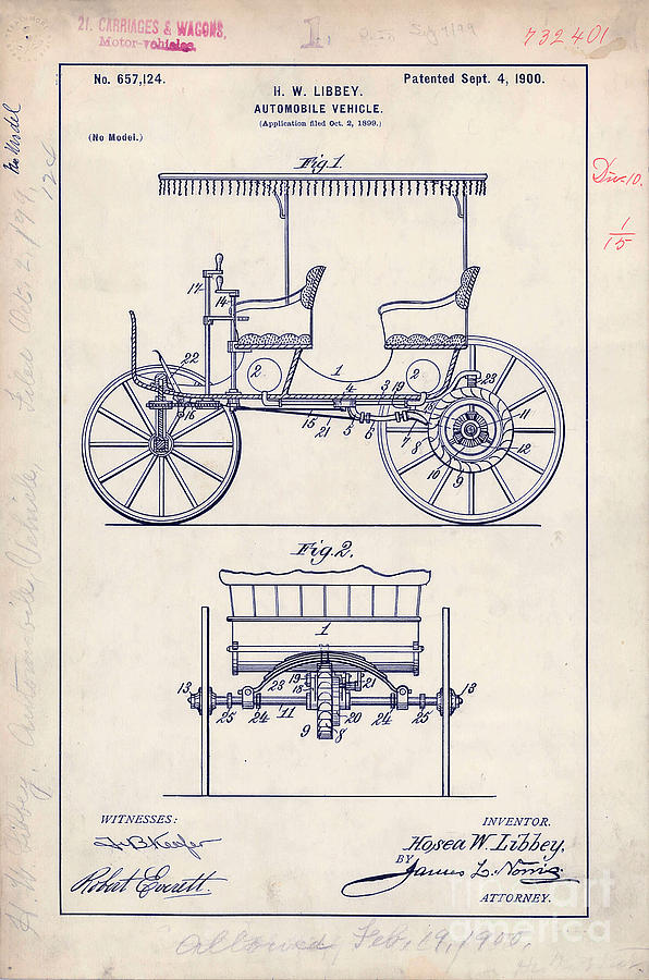 Automobile Patent Drawing - 1900 Automobile Patent Drawing #2 by Jon Neidert