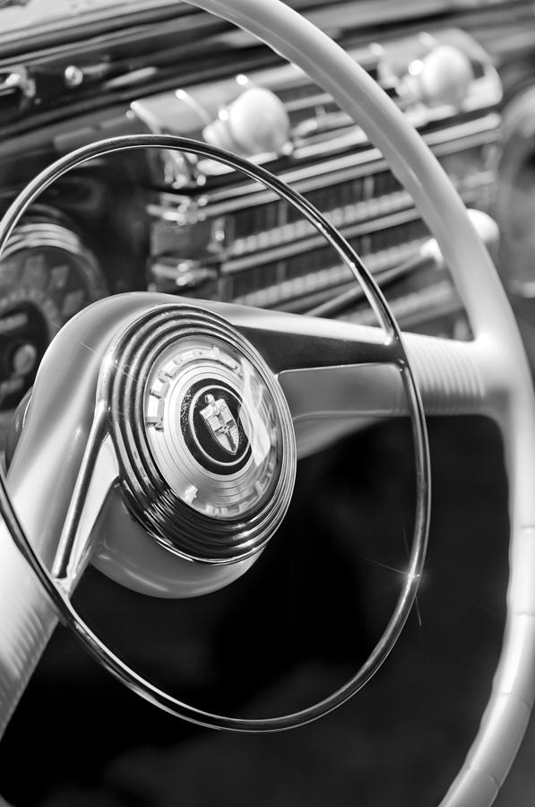 Black And White Photograph - 1942 Lincoln Continental Cabriolet Steering Wheel Emblem #2 by Jill Reger