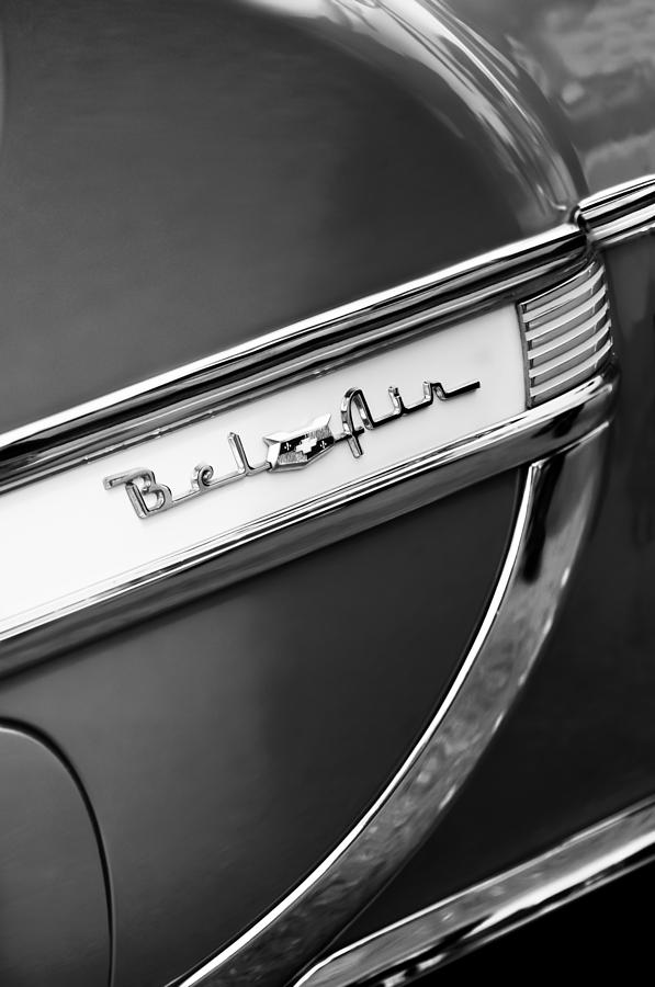 Black And White Photograph - 1953 Chevrolet Belair Side Emblem #2 by Jill Reger