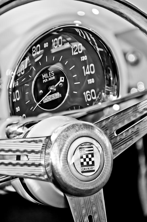 Black And White Photograph - 1953 Cunningham C3 Continental Coupe Steering Wheel Emblem #2 by Jill Reger