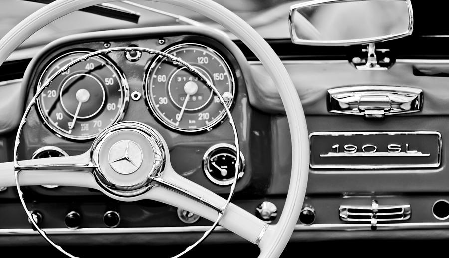 Black And White Photograph - 1959 Mercedes-Benz 190 SL Steering Wheel #2 by Jill Reger