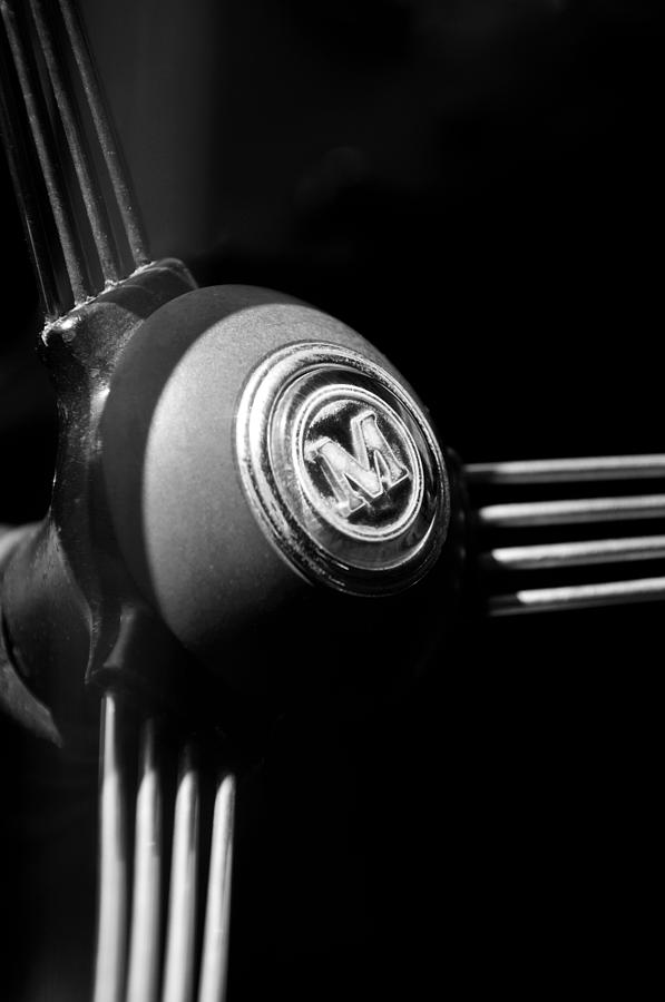 Black And White Photograph - 1960 Morris Minor Panel Delivery Truck Steering Wheel Emblem #2 by Jill Reger