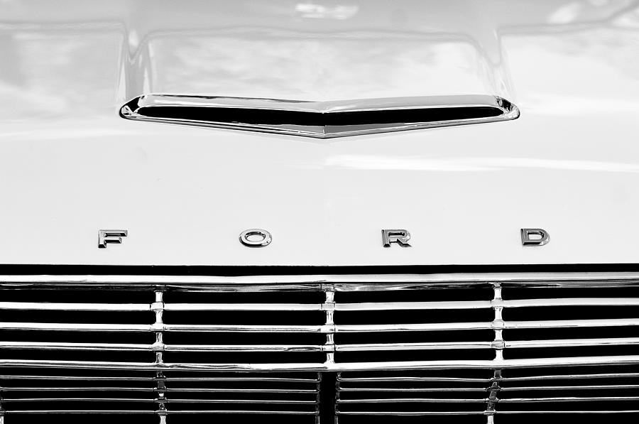 Black And White Photograph - 1963 Ford Falcon Futura Convertible  Hood Emblem #2 by Jill Reger
