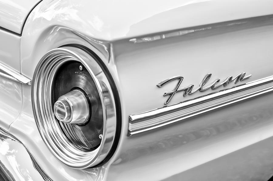 Black And White Photograph - 1963 Ford Falcon Futura Convertible Taillight Emblem #2 by Jill Reger