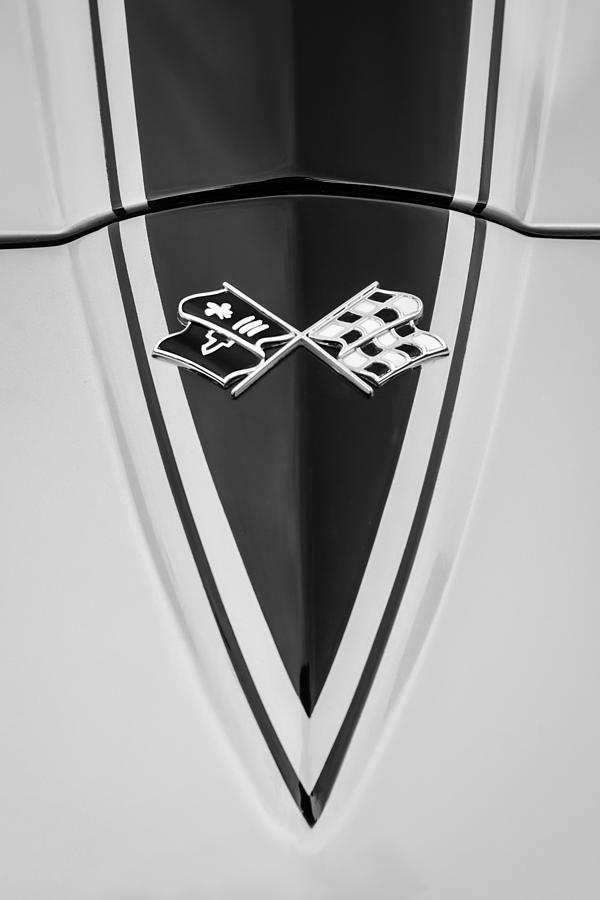 Black And White Photograph - 1967 Chevrolet Corvette Coupe Hood Emblem #2 by Jill Reger