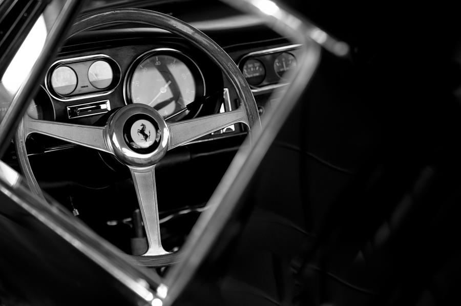 Black And White Photograph - 1967 Ferrari 275 GTB 4 Steering Wheel Emblem #2 by Jill Reger