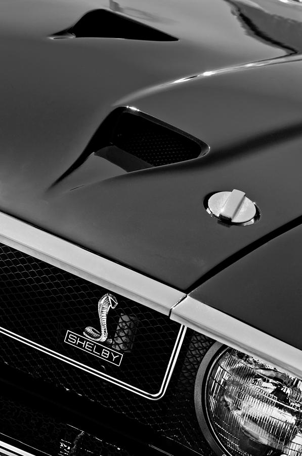 Black And White Photograph - 1969 Shelby GT500 Convertible 428 Cobra Jet Hood - Grille Emblem by Jill Reger