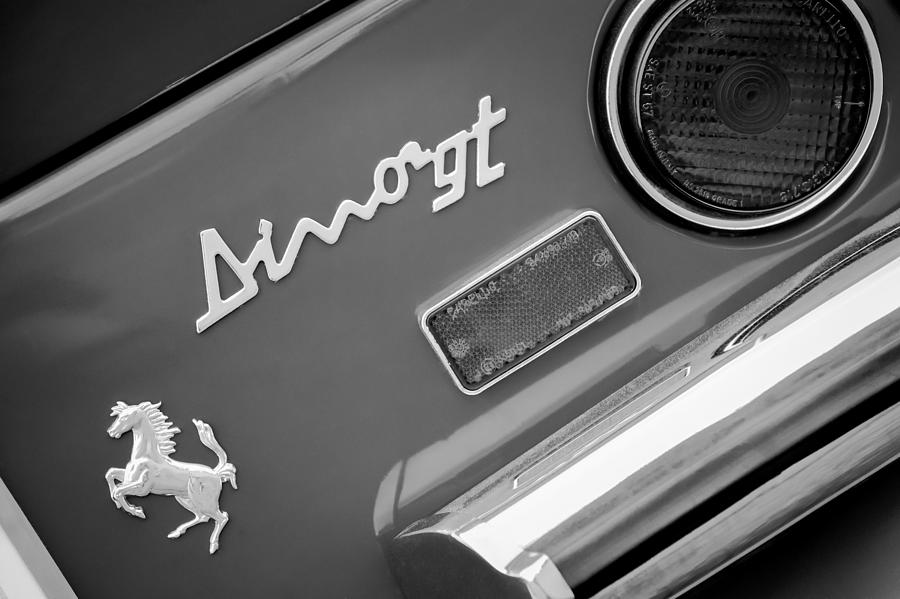 Black And White Photograph - 1971 Ferrari Dino 246 GT Taillight Emblem #2 by Jill Reger