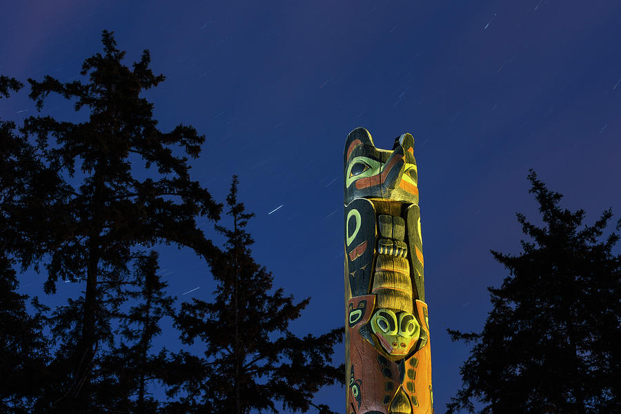 A Large Totem Pole Lit Up At Night #2 Photograph by Kevin Smith