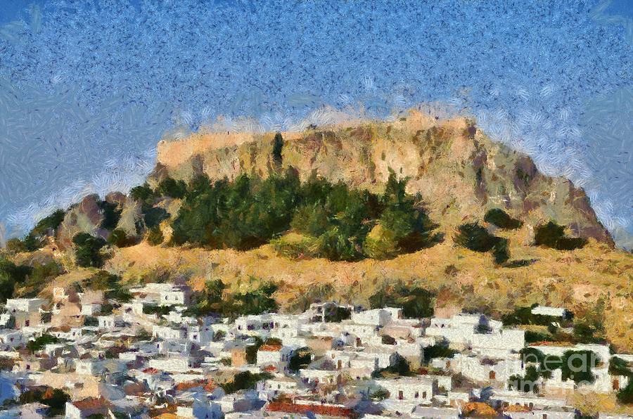 Acropolis and village of Lindos #1 Painting by George Atsametakis