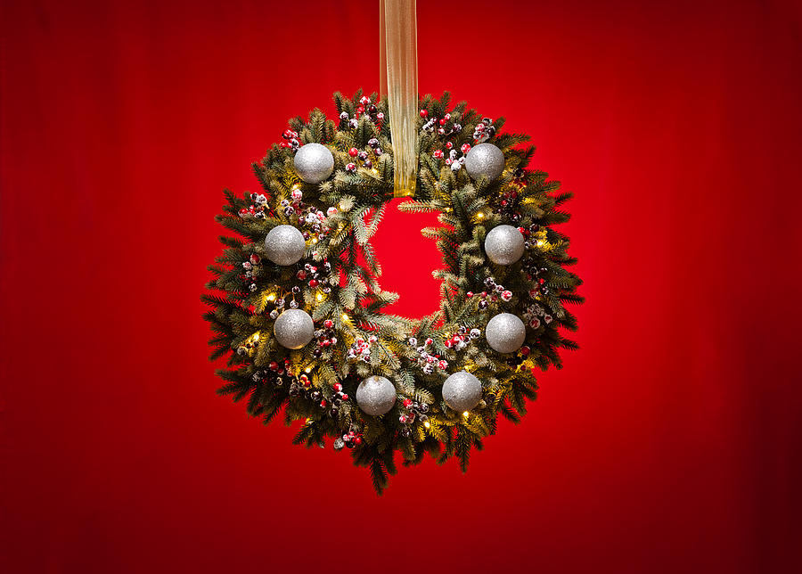 Christmas Photograph - Advent wreath over red background #2 by U Schade