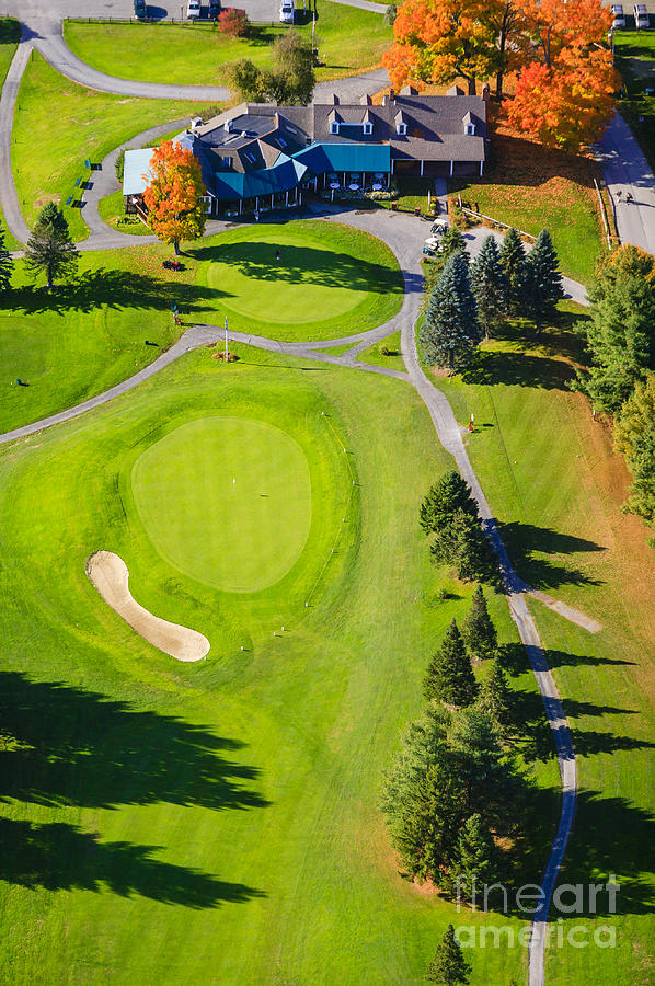 Aerial view of fall foliage and a golf course in Stowe Vermont #2 Photograph by Don Landwehrle