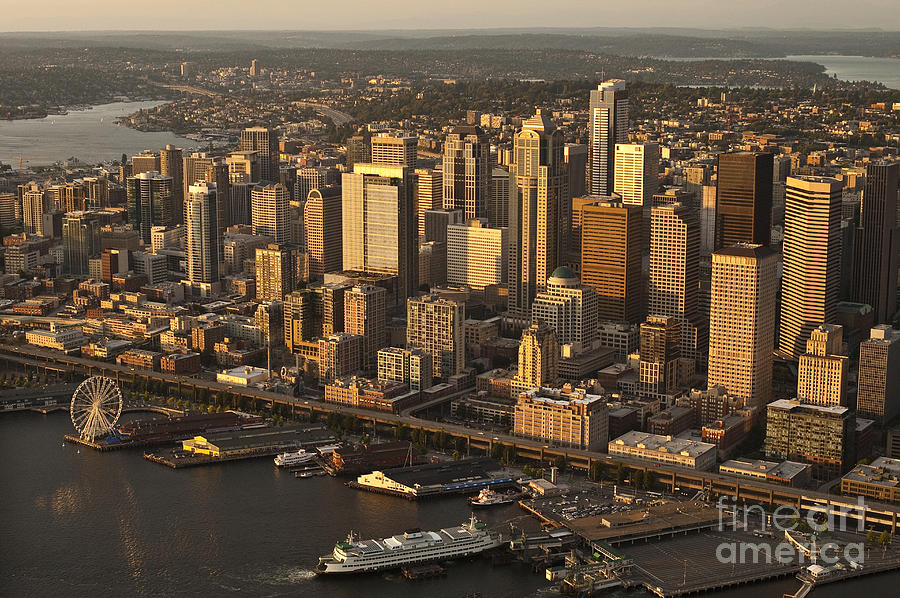 Aerial view of Seattle Skyline along waterfront #2 Photograph by Jim Corwin