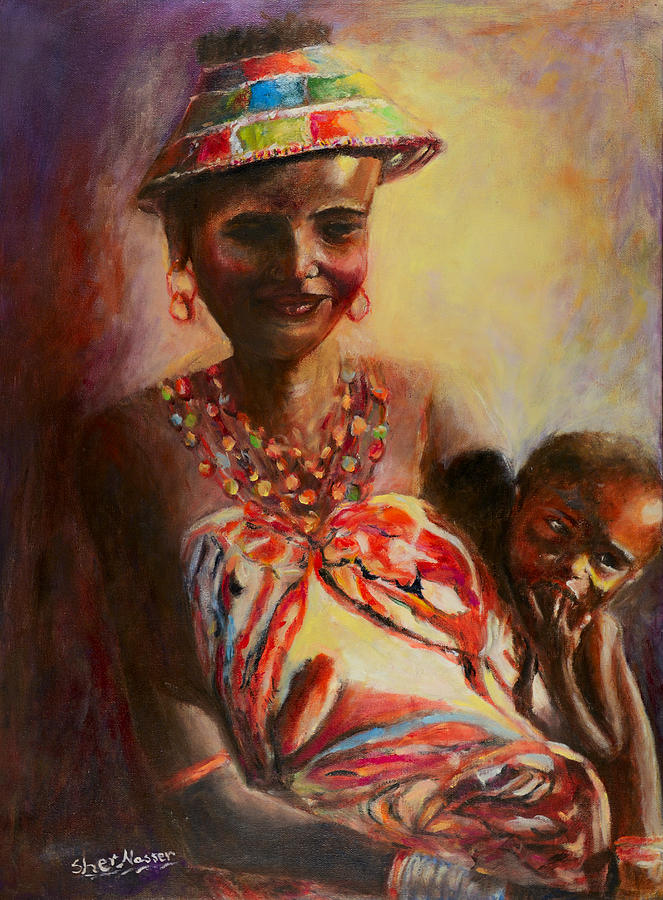 African Mother and Child Painting by Sher Nasser